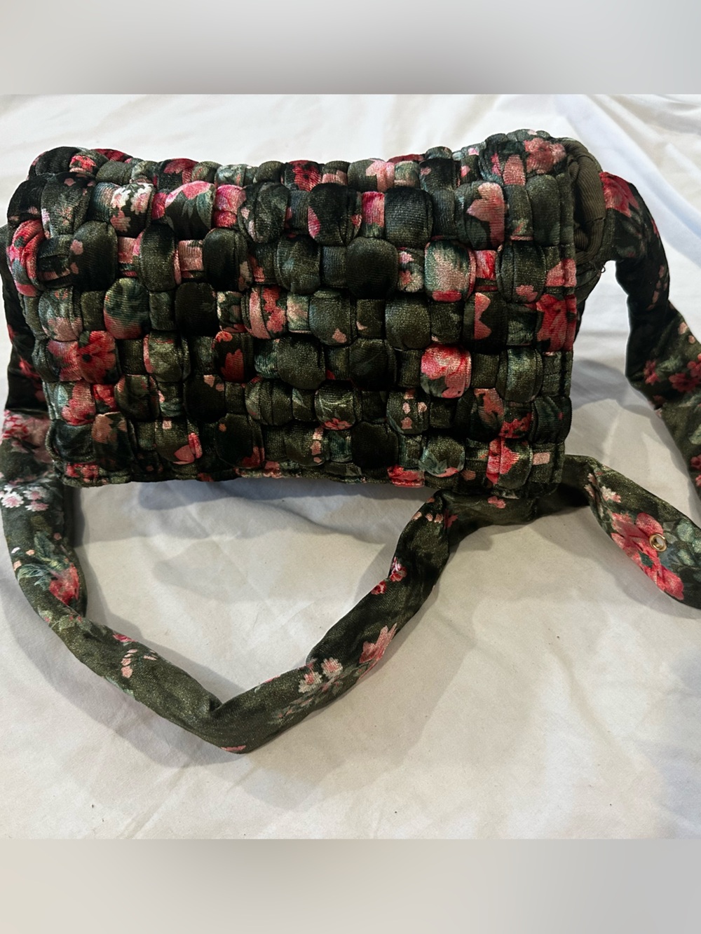 Quilted Velvet Floral Woven Crossbody Bag in Olive Green and Pink